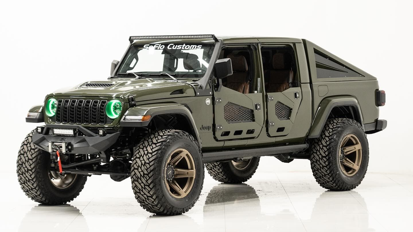 $69,999 for this stunning Sarge green slantback Jeep Gladiator with the SoFlo Customs upgrade