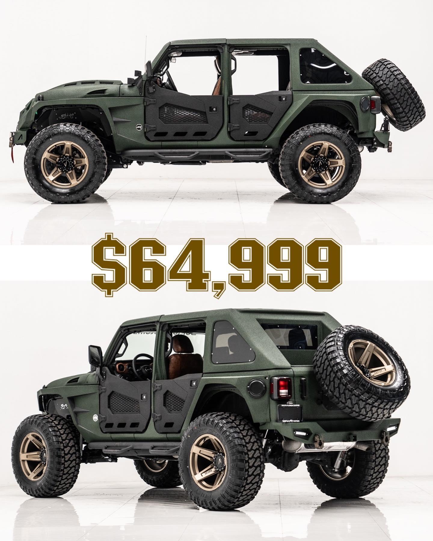 $63,999 - The SoFlo Sniper transforms a stock Jeep Wrangler into an aggressive on/off road machine - this 4x4 not only shows off our made in-house fastback but features a full size 38” tire spare held by a colormatched slanted steel rear bumper - it is unlike any other Wrangler you will ever drive #soflo #wrangler #jeep #jeeps #wranglers #4x4 #slantback #fastback #soflo #soflosniper #jeepwrangler